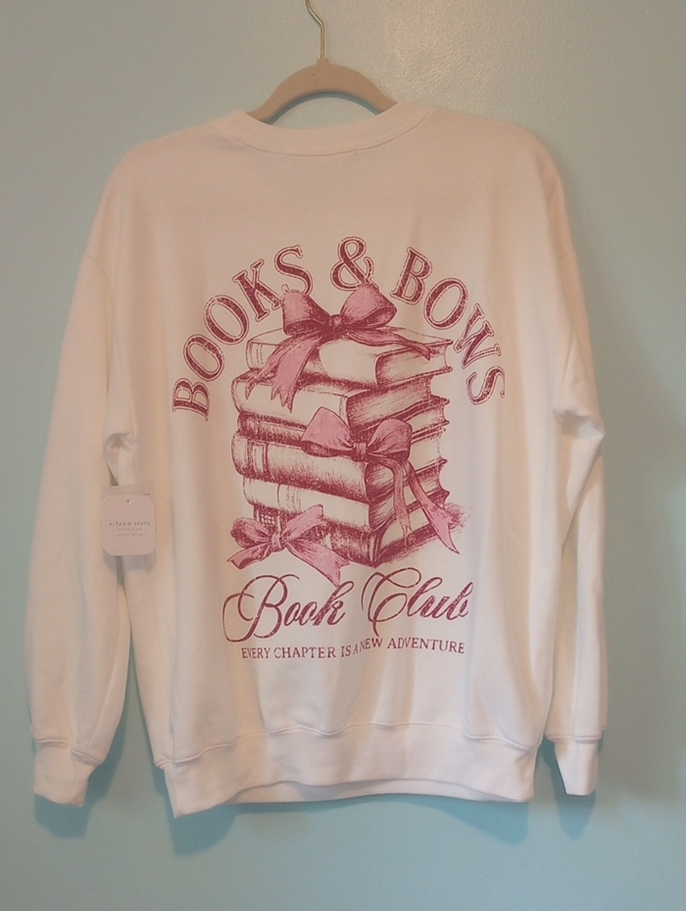 Altar'd State White Crewneck Sweatshirt with Pink Book Graphic